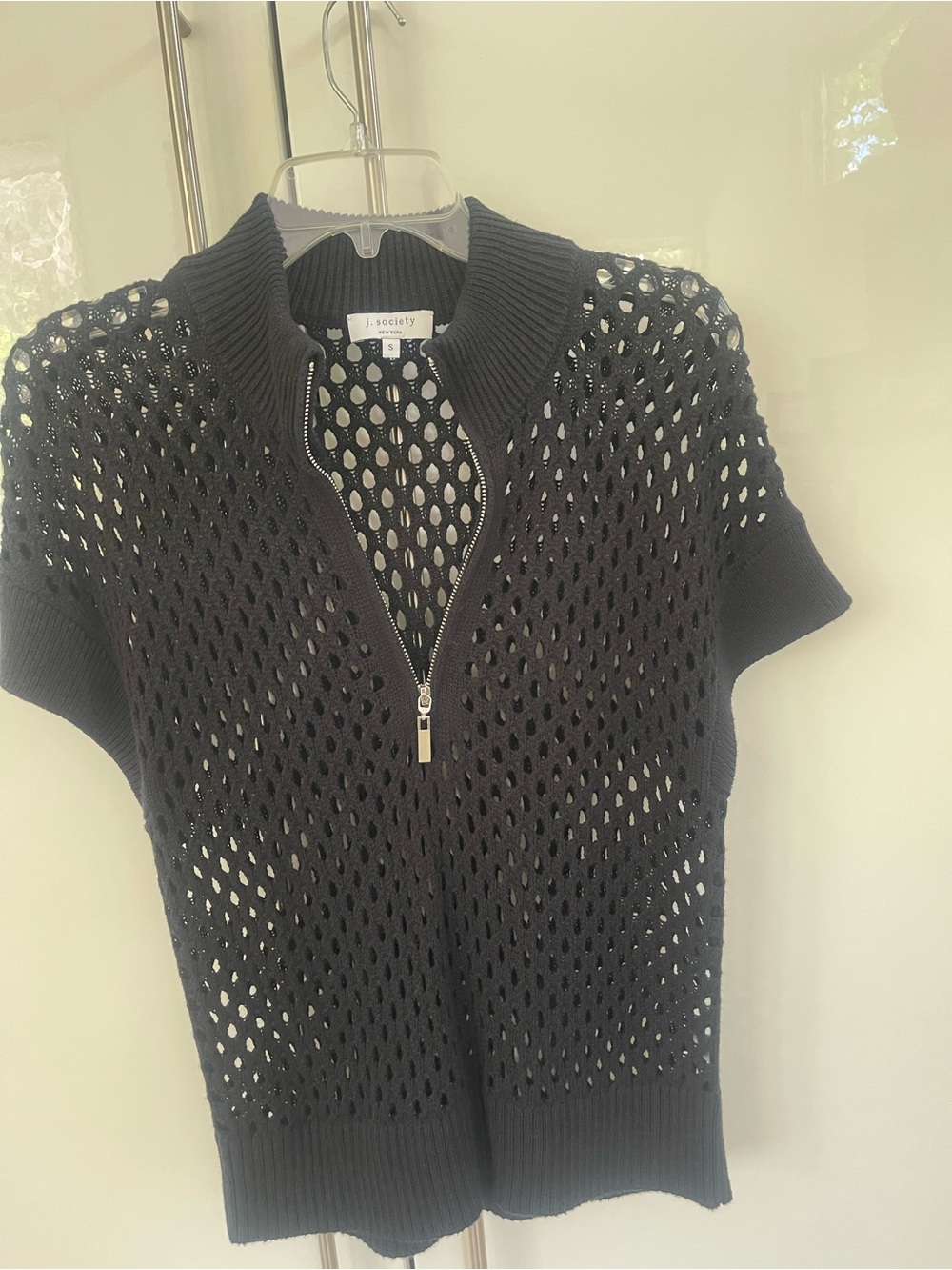 J. Society Black Open-Knit Short Sleeve Zip Polo Sweater